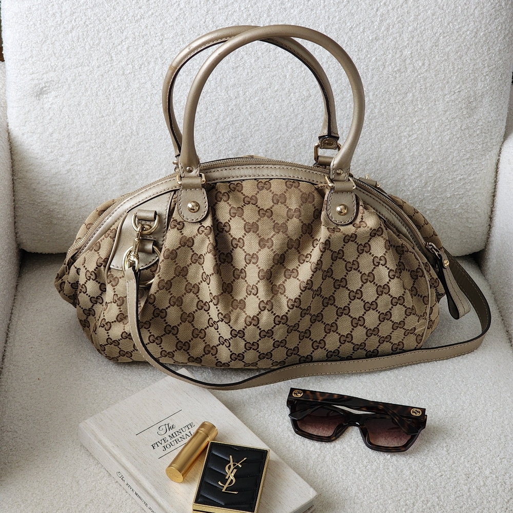 Authentic Gucci Sukey Metallic Champagne Beige Two-way Hobo Bag